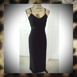 Long black evening dress mesh torso rhinestones